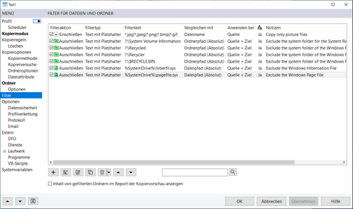 AllSync Profileigenschaften - Filter für Dateien und Ordner